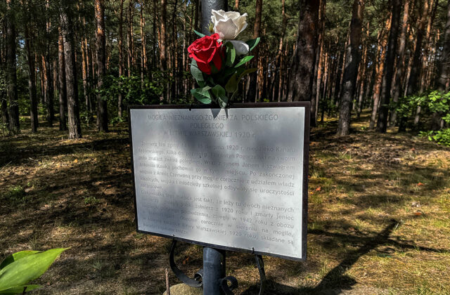 Tablica z inskrypcją na krzyżu przy mogile Nieznanego Żołnierza, nad nią czerwona i biała róża