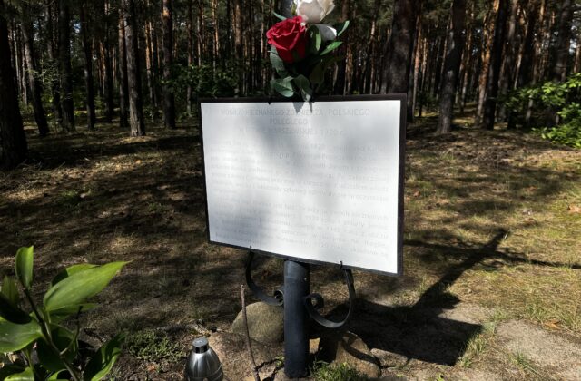 Biała tablica pamiątkowa zawieszona na krzyżu w lesie w Nowolipiu