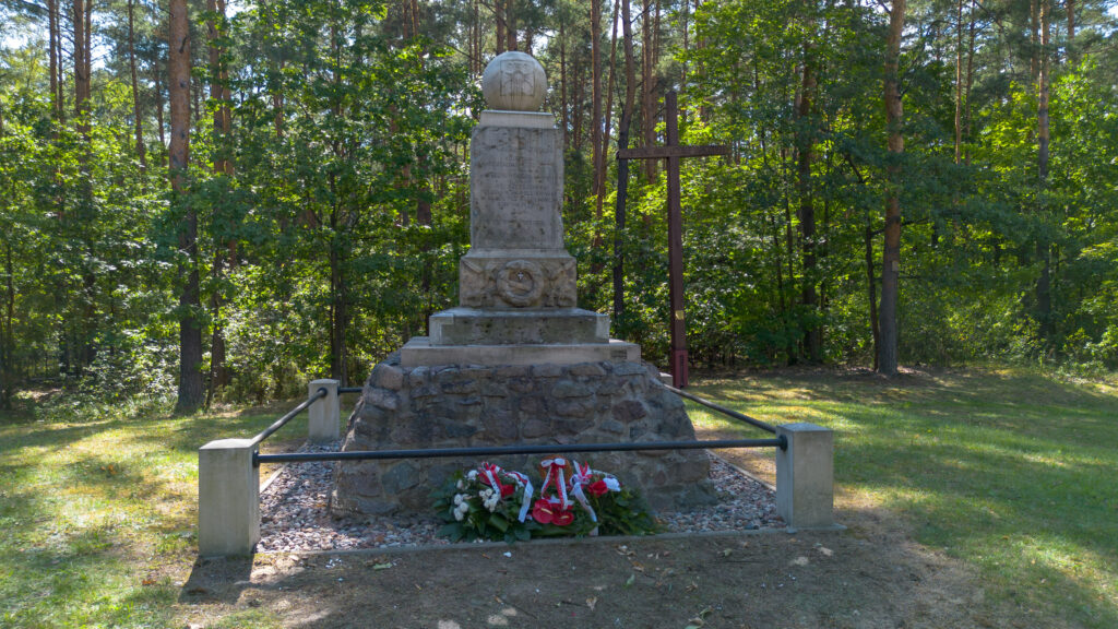 Kamienny pomnik Strzelców Kaniowskich w lesie w Wólce Radzymińskiej, przed nim biało-czerwone wiązanki