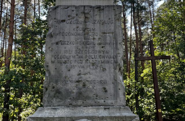 Górna część pomnika Strzelców Kaniowskich z kamienną kulą i płaskorzeźbą wieńca