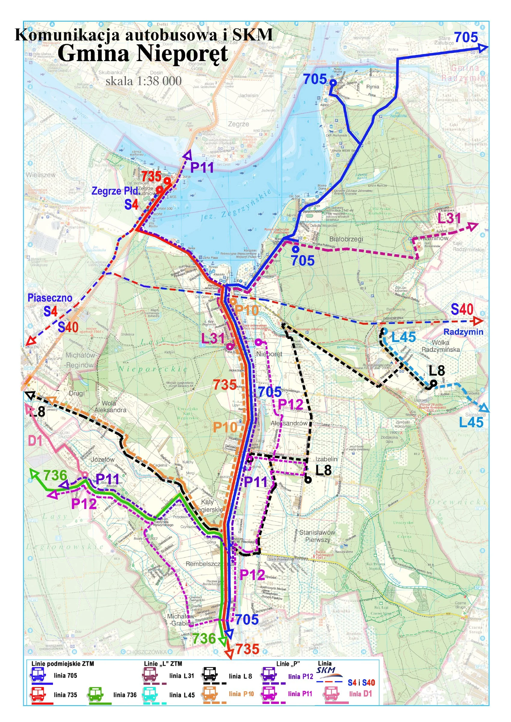 Mapa komunikacji autobusowej i SKM w Gminie Nieporęt: przebieg linii ZTM 705, 735, 736, linii L-8, L-31, L-45, D-1, P10, P11, P12 oraz SKM S4 i S40 (otwiera plik PDF w nowej karcie)