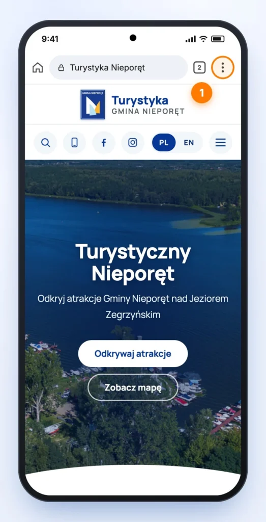 Przeglądarka Chrome na Androidzie z wyróżnionym przyciskiem menu (trzy kropki) w prawym górnym rogu