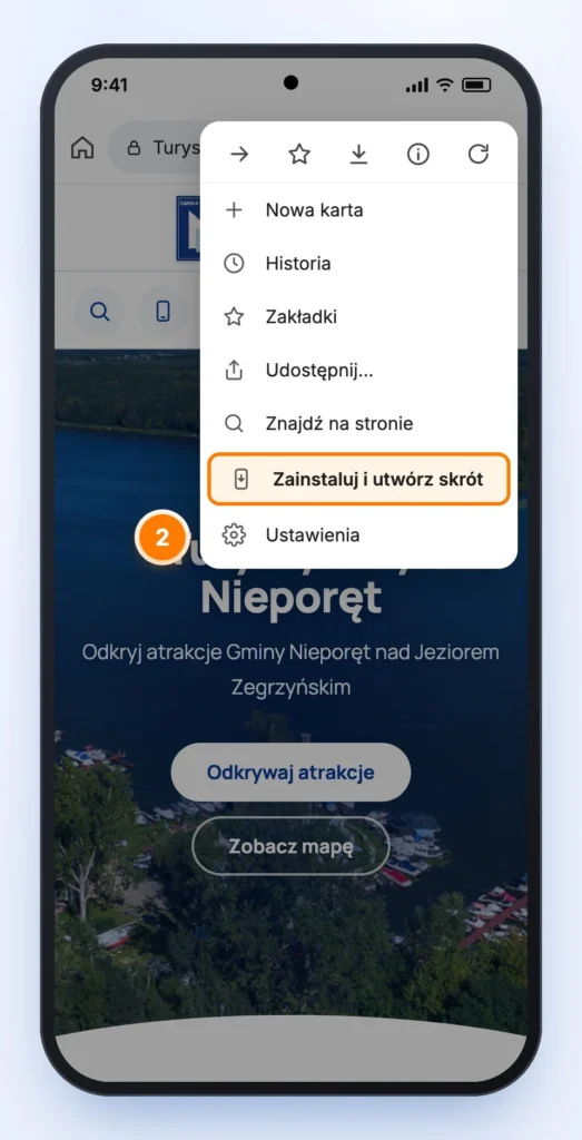 Rozwinięte menu przeglądarki Chrome z wyróżnioną pozycją „Zainstaluj i utwórz skrót”