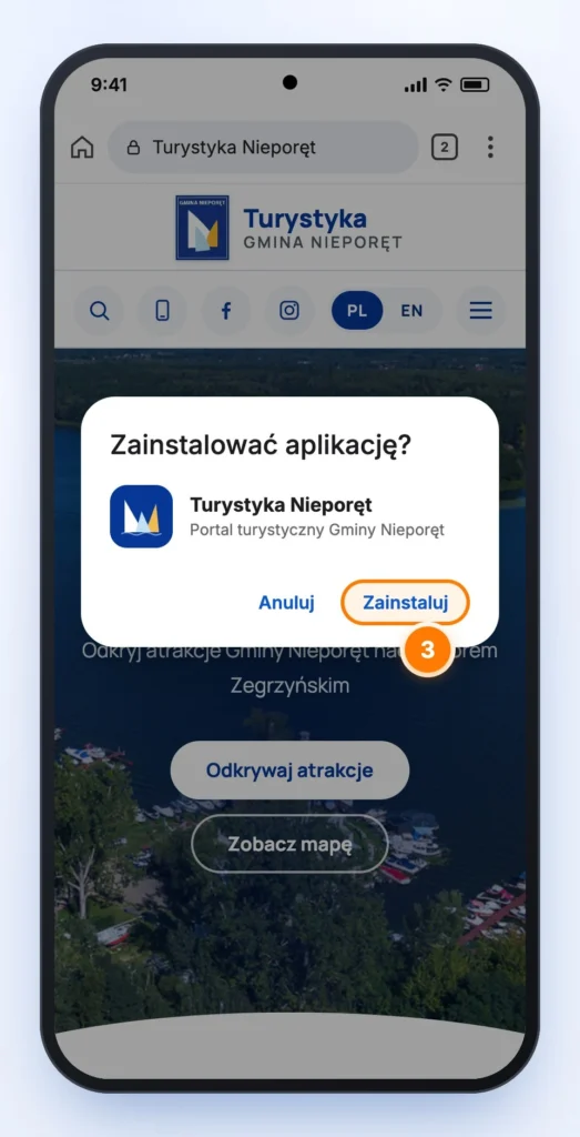 Okno „Zainstalować aplikację?” z ikoną Turystyka Nieporęt i wyróżnionym przyciskiem „Zainstaluj”