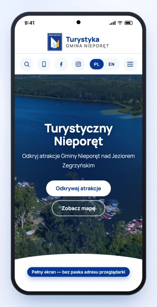 Strona główna portalu otwarta jako aplikacja na pełnym ekranie, bez paska adresu