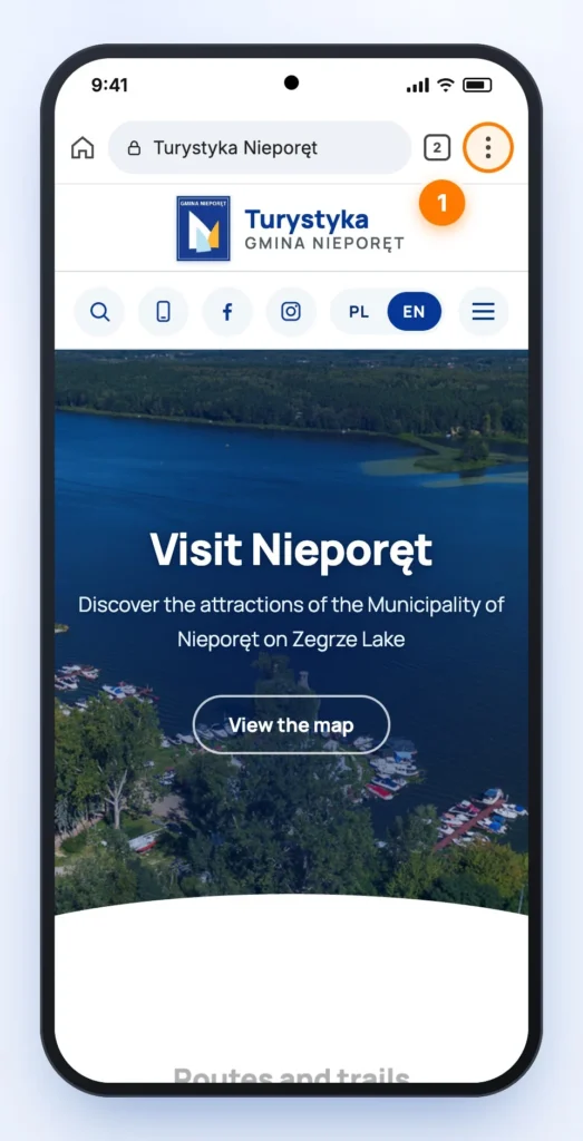 Chrome on Android with the menu button (three dots) highlighted in the top right corner
