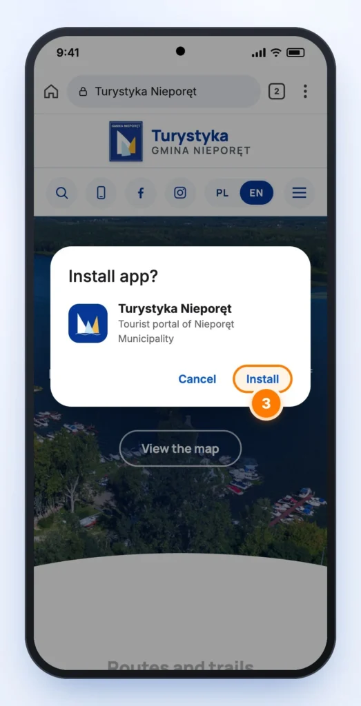 “Install app?” dialog with the Turystyka Nieporęt icon and the “Install” button highlighted