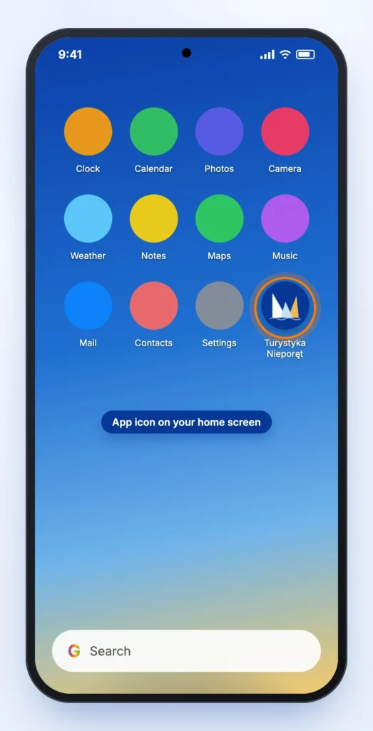 Android home screen with the Turystyka Nieporęt app icon highlighted