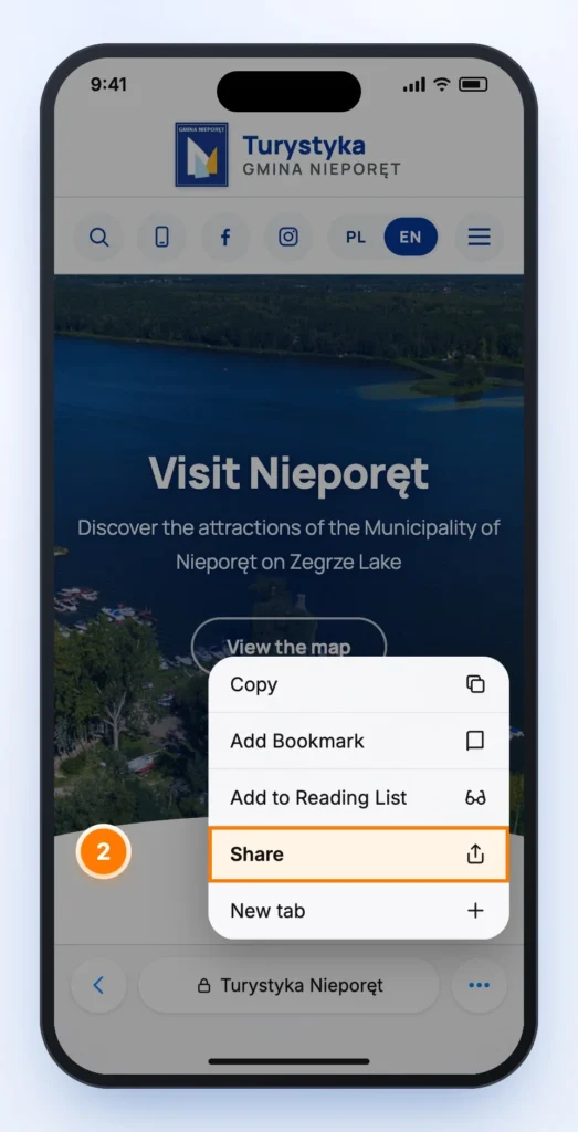 Safari menu with the “Share” option highlighted