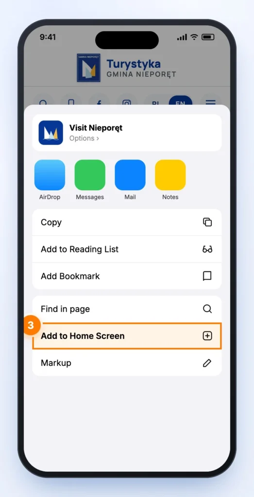 Safari share sheet with the “Add to Home Screen” option highlighted