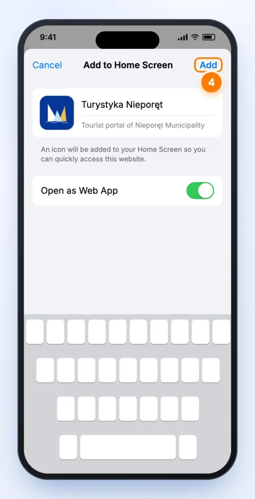 “Add to Home Screen” screen with the Turystyka Nieporęt icon, “Open as Web App” switched on and the “Add” button highlighted