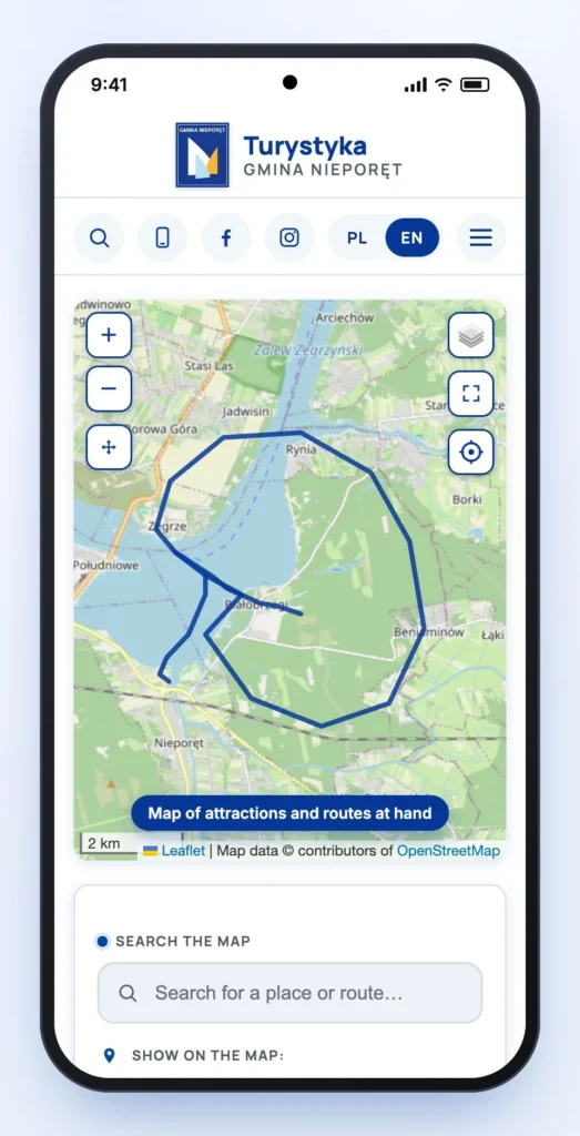 Interactive map of attractions and routes in the Nieporęt Municipality in the app