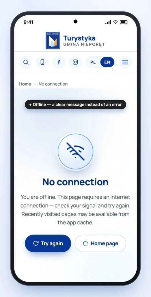 “No connection” screen with “Try again” and “Home page” buttons