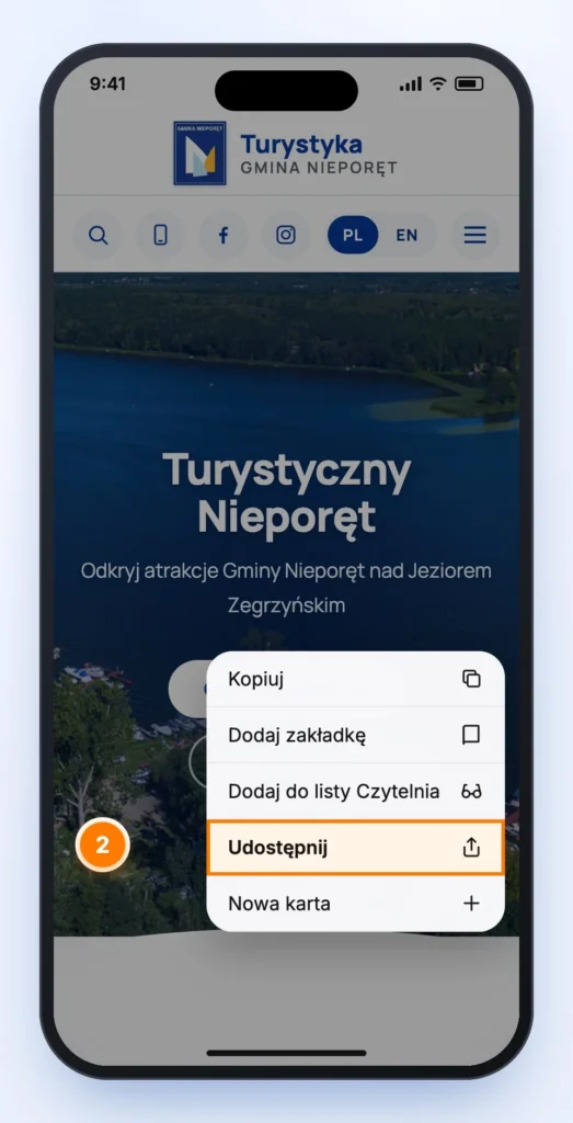 Menu Safari z wyróżnioną pozycją „Udostępnij”