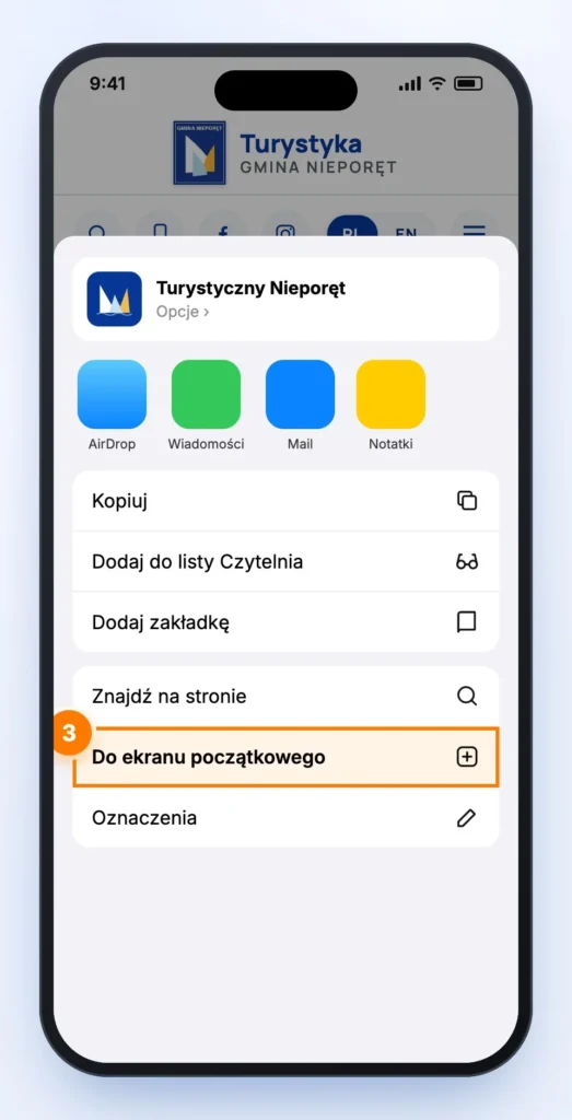 Arkusz udostępniania w Safari z wyróżnioną opcją „Do ekranu początkowego”