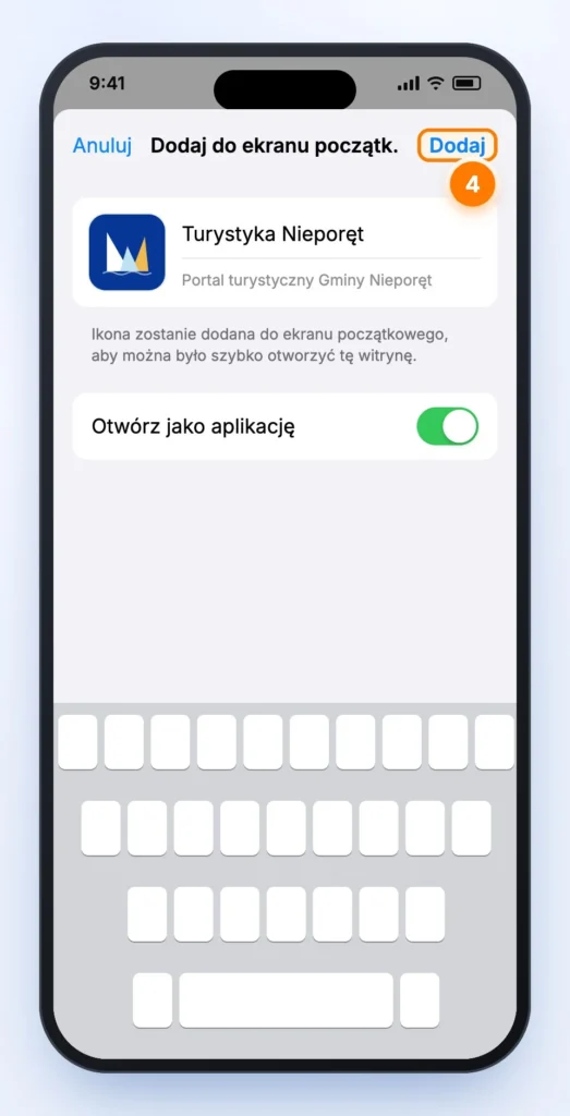 Ekran „Dodaj do ekranu początkowego” z ikoną Turystyka Nieporęt, włączoną opcją „Otwórz jako aplikację” i wyróżnionym przyciskiem „Dodaj”