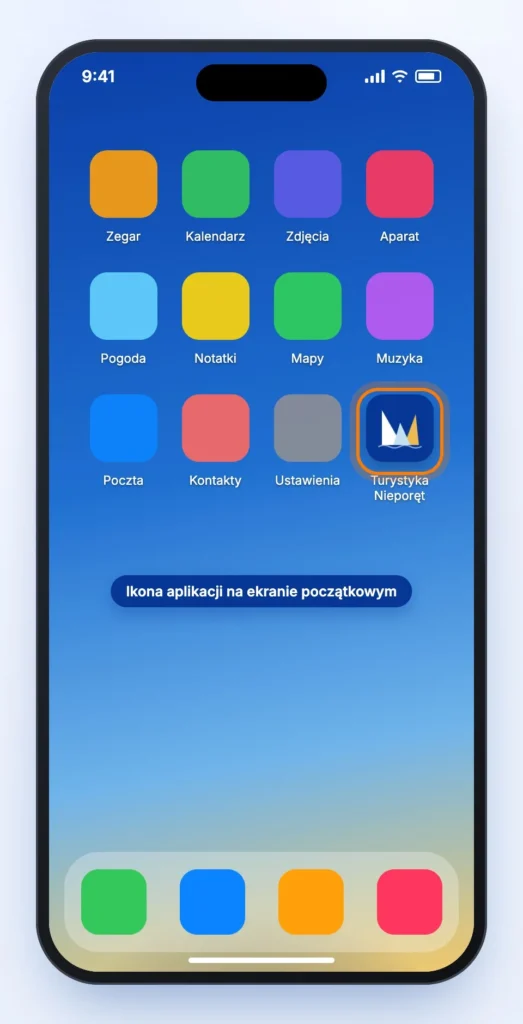 Ekran początkowy iPhone’a z wyróżnioną ikoną aplikacji Turystyka Nieporęt