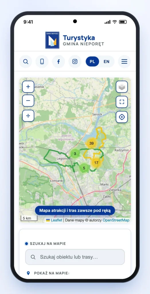Interaktywna mapa atrakcji i tras rowerowych Gminy Nieporęt w aplikacji