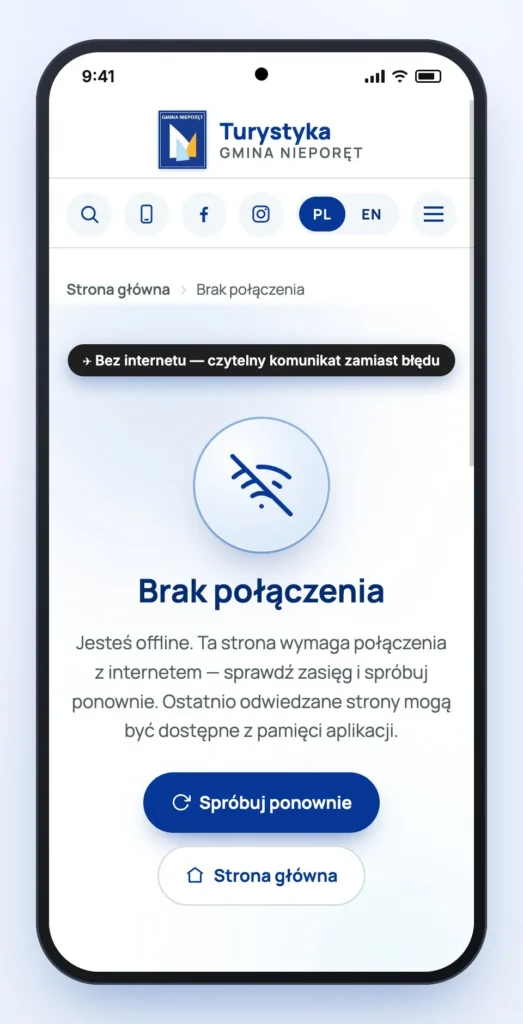 Ekran „Brak połączenia” z przyciskami „Spróbuj ponownie” i „Strona główna”