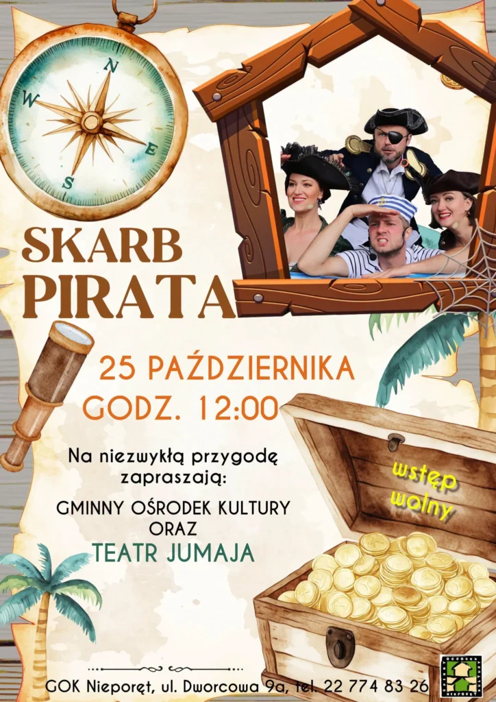Plakat spektaklu dla dzieci „Skarb Pirata” w GOK Nieporęt