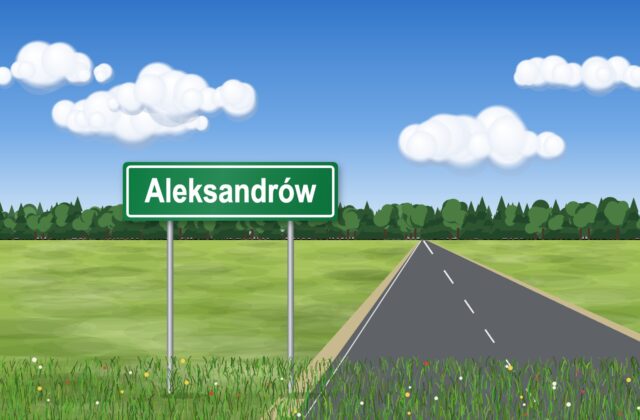 Illustration: green road sign reading “Aleksandrów” by the road, with a field, forest and a cloudy sky in the background