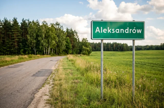 Zielona tablica z nazwą miejscowości „Aleksandrów” przy wiejskiej drodze, w tle zielone pole, las sosnowo-brzozowy i niebo z chmurami