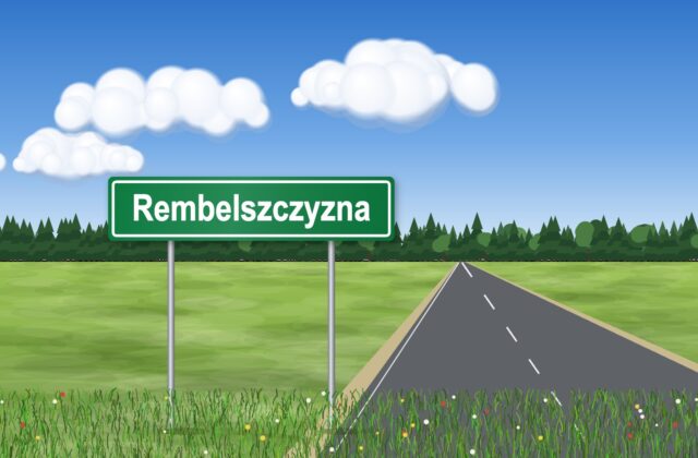 Illustration: green road sign reading “Rembelszczyzna” by the road, with a field, forest and a cloudy sky in the background