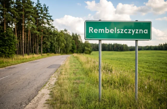 Zielona tablica z nazwą miejscowości „Rembelszczyzna” przy wiejskiej drodze wzdłuż skraju lasu sosnowego, obok zielone pole