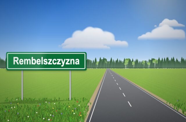 Illustration: green sign reading “Rembelszczyzna” on the verge of a country road, with a field, forest and a cloudy sky in the background