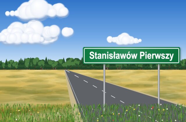Illustration: green road sign reading “Stanisławów Pierwszy” by the road, with a field, forest and a cloudy sky in the background