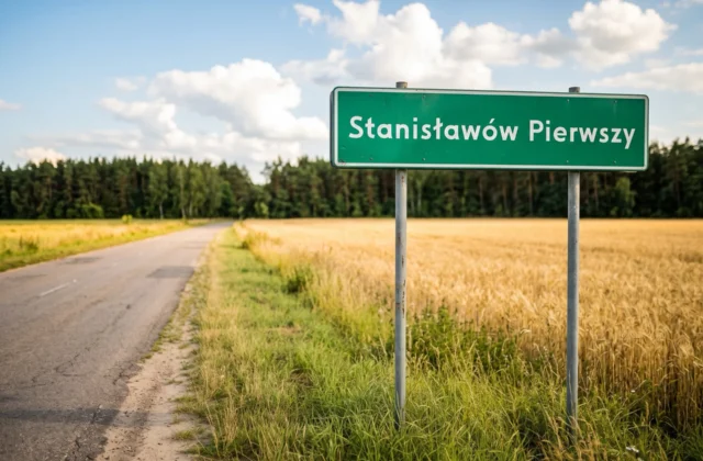 Zielona tablica z nazwą miejscowości „Stanisławów Pierwszy” przy wiejskiej drodze, obok złote pole zboża, w tle las i niebo z chmurami