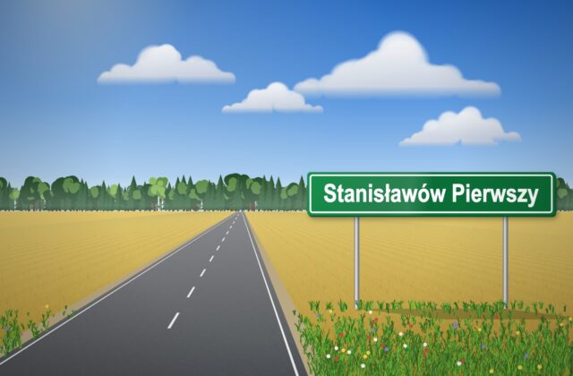 Illustration: green sign reading “Stanisławów Pierwszy” on the verge of a country road, with a field, forest and a cloudy sky in the background